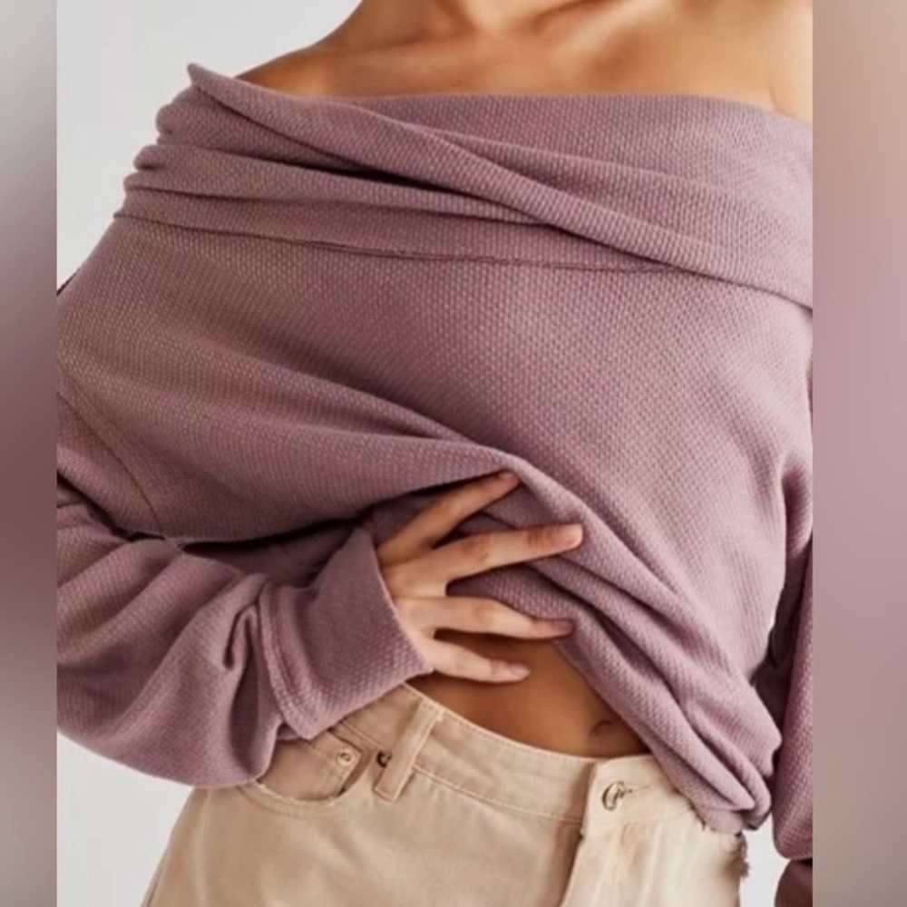 Free People Hazy Heart Thermal Off The Shoulder Sweater Mauve Long Sleeves XS